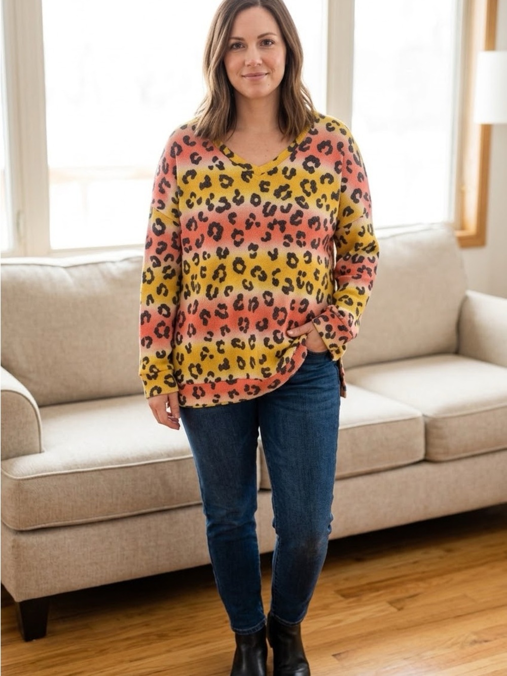 Zenana Outfitters V-Neck Leopard Print Pullover - Yellow & Coral